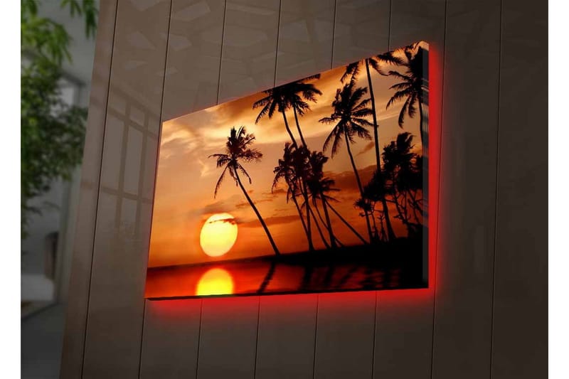 Lærredsbillede med LED-belysning - Solnedgang med palmer i horisonten - Orange / Sort / Guld - Boligtilbehør - Billeder & kunst - Billeder på lærred