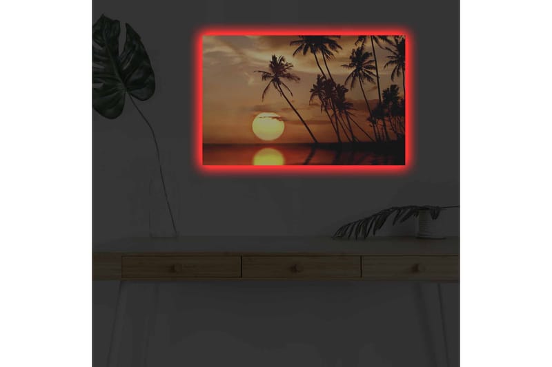 Lærredsbillede med LED-belysning - Solnedgang med palmer i horisonten - Orange / Sort / Guld - Boligtilbehør - Billeder & kunst - Billeder på lærred