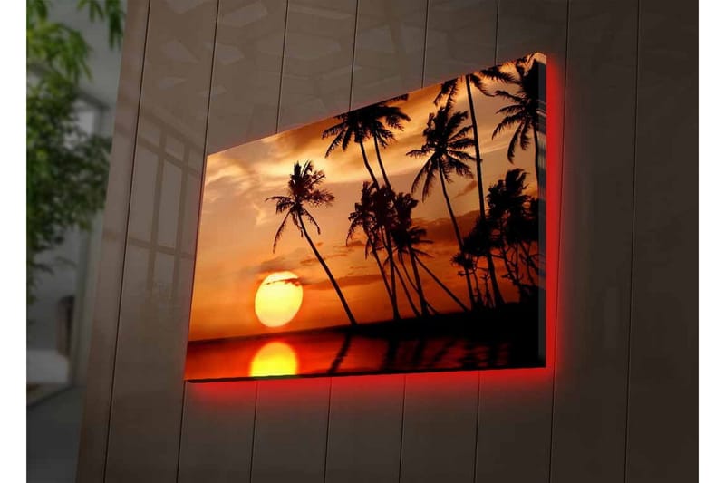 Lærredsbillede med LED-belysning - Solnedgang med palmer i horisonten - Orange / Sort / Guld - Boligtilbehør - Billeder & kunst - Billeder på lærred