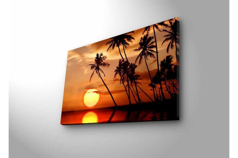 Lærredsbillede med LED-belysning - Solnedgang med palmer i horisonten - Orange / Sort / Guld - Boligtilbehør - Billeder & kunst - Billeder på lærred