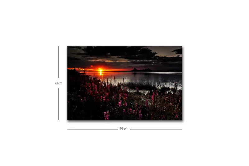 Lærredsbillede med LED-belysning - Solnedgang over en spejlblank sø med blomstrende planter i forgrunden - Mørk pink / Orange / Sort - Boligtilbehør - Billeder & kunst - Billeder på lærred