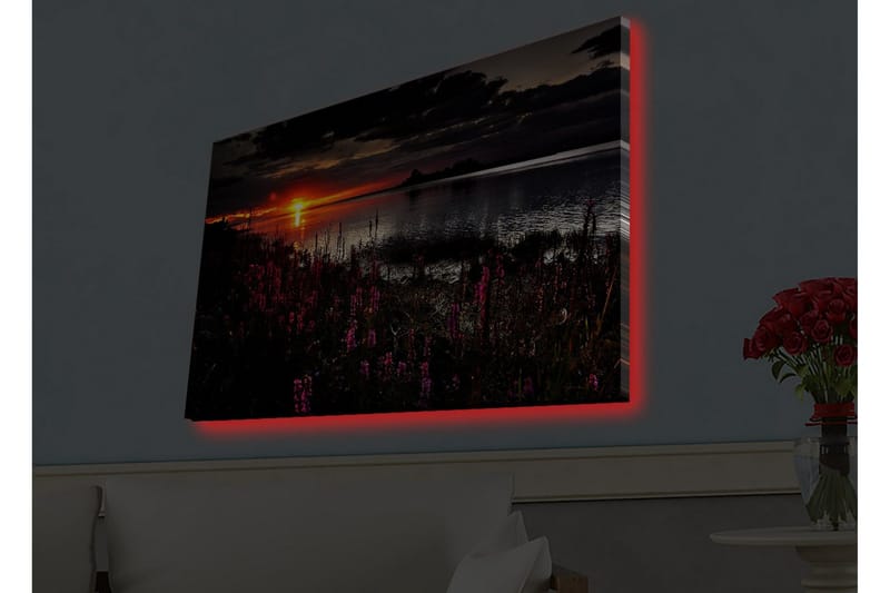 Lærredsbillede med LED-belysning - Solnedgang over en spejlblank sø med blomstrende planter i forgrunden - Mørk pink / Orange / Sort - Boligtilbehør - Billeder & kunst - Billeder på lærred