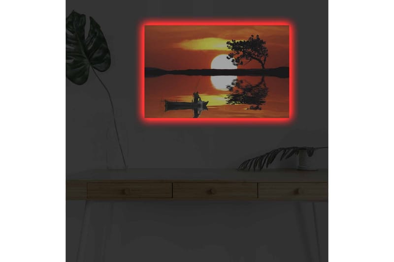 Lærredsbillede med LED-belysning - Solnedgang over en spejlblank sø med en ensom båd og en silhuet af et træ - Orange / Sort / Gul - Boligtilbehør - Billeder & kunst - Billeder på lærred