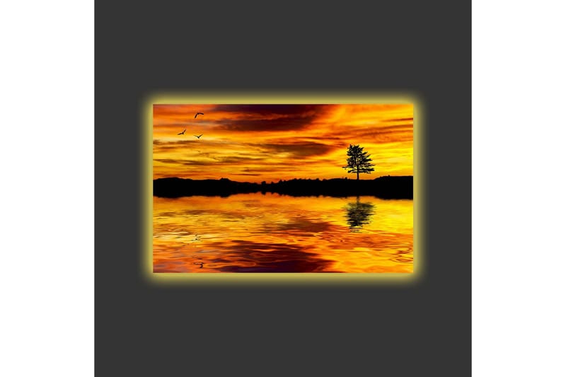 Lærredsbillede med LED-belysning - Solnedgang over en spejlblank sø med en silhuet af et træ - Guld / Orange / Sort - Boligtilbehør - Billeder & kunst - Billeder på lærred