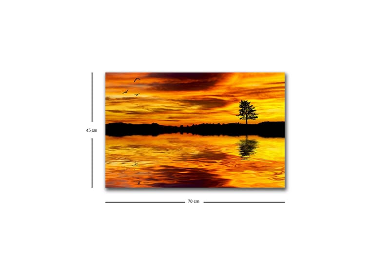 Lærredsbillede med LED-belysning - Solnedgang over en spejlblank sø med en silhuet af et træ - Guld / Orange / Sort - Boligtilbehør - Billeder & kunst - Billeder på lærred