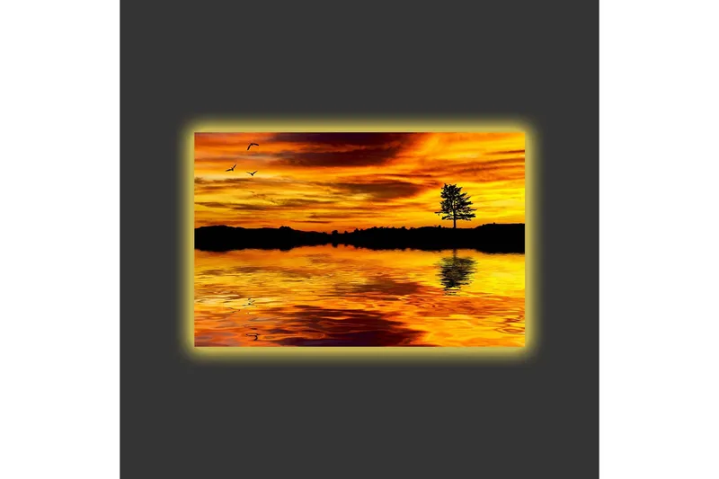 Lærredsbillede med LED-belysning - Solnedgang over en spejlblank sø med en silhuet af et træ - Guld / Orange / Sort - Boligtilbehør - Billeder & kunst - Billeder på lærred