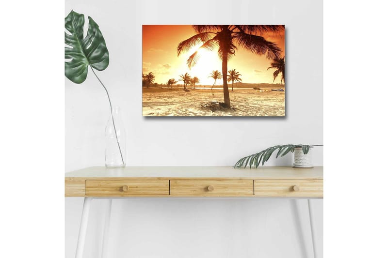 Lærredsbillede med LED-belysning - Solnedgang over en strand med palmer, Orange / Guld / Beige