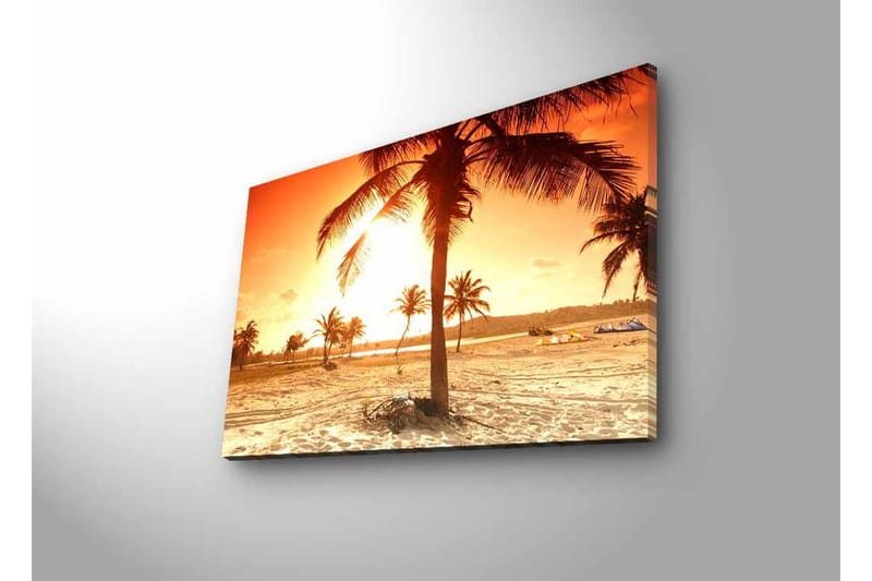 Lærredsbillede med LED-belysning - Solnedgang over en strand med palmer - Orange / Guld / Beige - Boligtilbehør - Billeder & kunst - Billeder på lærred