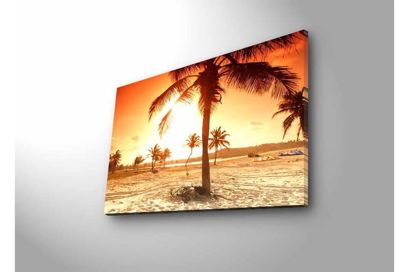 Lærredsbillede med LED-belysning - Solnedgang over en strand med palmer - Orange / Guld / Beige - Boligtilbehør - Billeder & kunst - Billeder på lærred