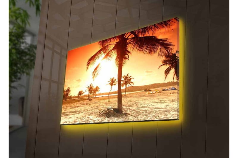 L ærredsbillede med LED-belysning - Solnedgang over en strand med palmer - Orange / Guld / Beige - Boligtilbehør - Billeder & kunst - Billeder på lærred