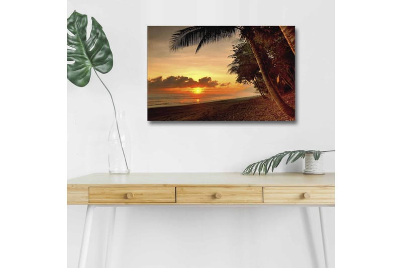Lærredsbillede med LED-belysning - Solnedgang over en strand med palmer i forgrunden, Orange / Mørkegrøn / Brun