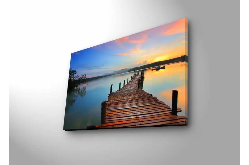 Lærredsbillede med LED-belysning - Solnedgang over en træmole ved vandet - Orange / Blå / Brun - Boligtilbehør - Billeder & kunst - Billeder på lærred