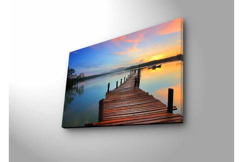 Lærredsbillede med LED-belysning - Solnedgang over en træmole ved vandet - Orange / Blå / Brun - Boligtilbehør - Billeder & kunst - Billeder på lærred