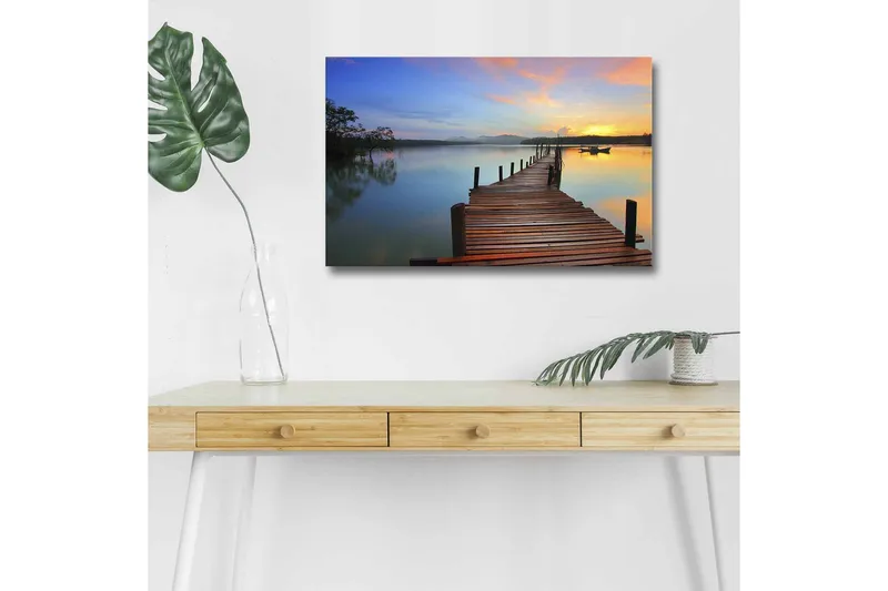 Lærredsbillede med LED-belysning - Solnedgang over en træmole ved vandet - Orange / Blå / Brun - Boligtilbehør - Billeder & kunst - Billeder på lærred