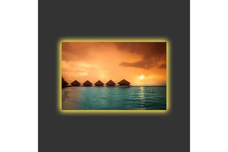 Lærredsbillede med LED-belysning - Solnedgang over en tropisk strand med bungalows over vandet - Orange / Turkis - Boligtilbehør - Billeder & kunst - Billeder på lærred