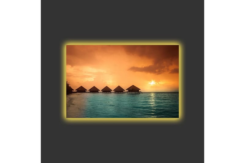 Lærredsbillede med LED-belysning - Solnedgang over en tropisk strand med bungalows over vandet - Orange / Turkis - Boligtilbehør - Billeder & kunst - Billeder på lærred