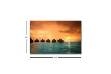 Lærredsbillede med LED-belysning - Solnedgang over en tropisk strand med bungalows over vandet - Orange / Turkis - Boligtilbehør - Billeder & kunst - Billeder på lærred
