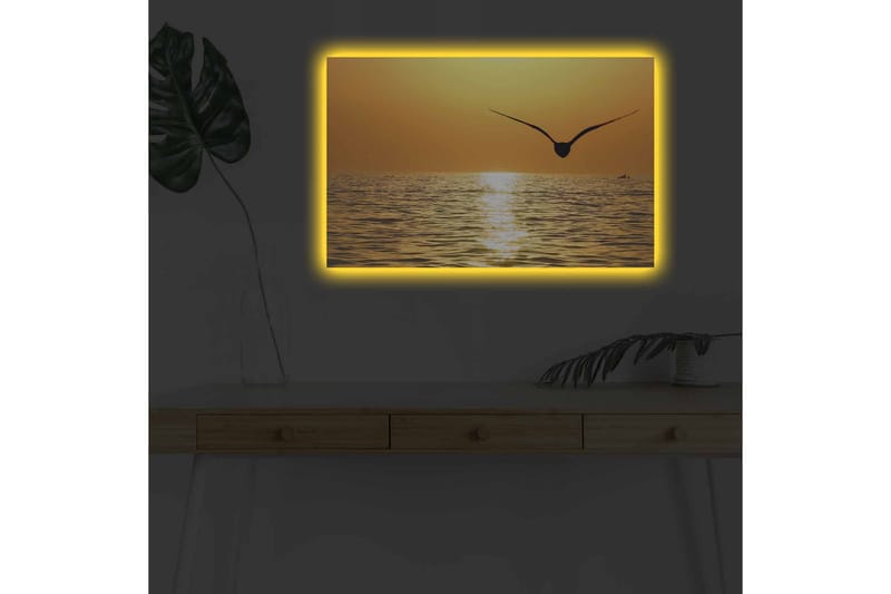 Lærredsbillede med LED-belysning - Solnedgang over havet med en fugl i flugt - Guld / Orange / Sort - Boligtilbehør - Billeder & kunst - Billeder på lærred