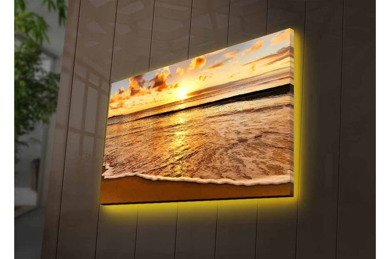Lærredsbillede med LED-belysning - Solnedgang over havet med refleksioner på vandet - Guld / Blå / Sandbeige - Boligtilbehør - Billeder & kunst - Billeder på lærred