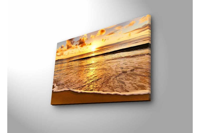 Lærredsbillede med LED-belysning - Solnedgang over havet med refleksioner på vandet - Guld / Blå / Sandbeige - Boligtilbehør - Billeder & kunst - Billeder på lærred