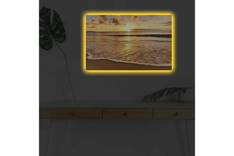 Lærredsbillede med LED-belysning - Solnedgang over havet med refleksioner på vandet - Guld / Blå / Sandbeige - Boligtilbehør - Billeder & kunst - Billeder på lærred