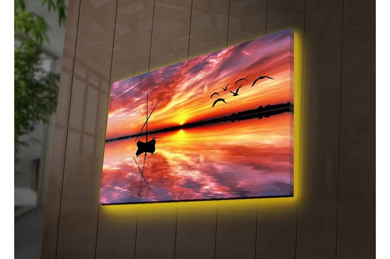 Lærredsbillede med LED-belysning - Solnedgang over roligt vand med en båd og flyvende fugle - Orange / Lilla / Blå - Boligtilbehør - Billeder & kunst - Billeder på lærred