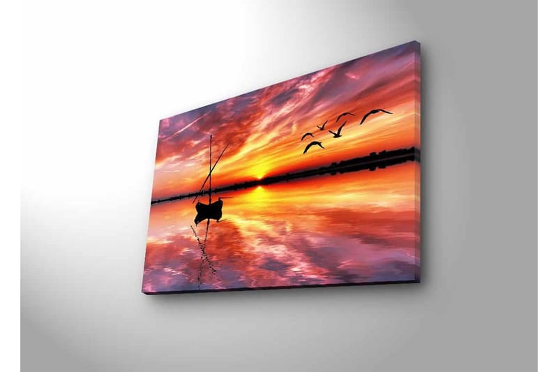 Lærredsbillede med LED-belysning - Solnedgang over roligt vand med en båd og flyvende fugle - Orange / Lilla / Blå - Boligtilbehør - Billeder & kunst - Billeder på lærred