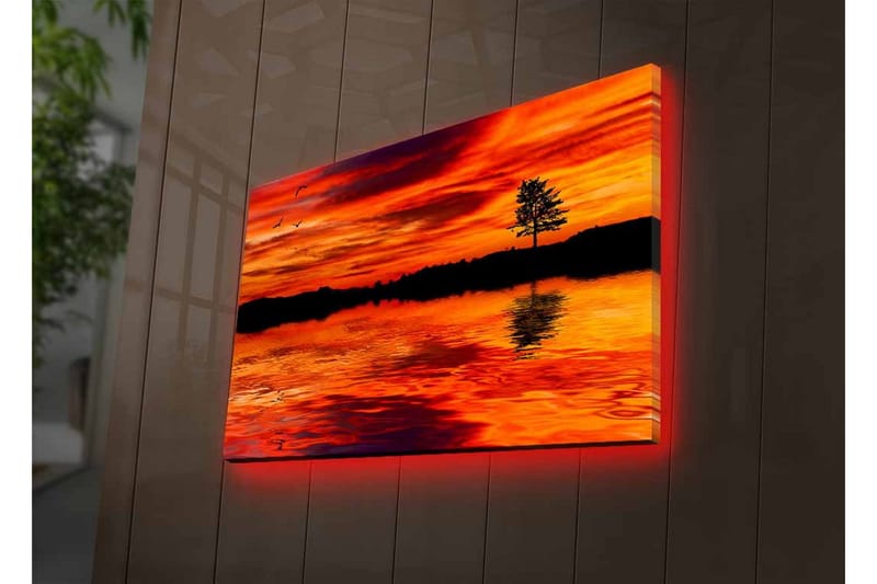 Lærredsbillede med LED-belysning - Solnedgang over roligt vand med silhuet af et ensomt træ - Orange / Rød / Sort - Boligtilbehør - Billeder & kunst - Billeder på lærred