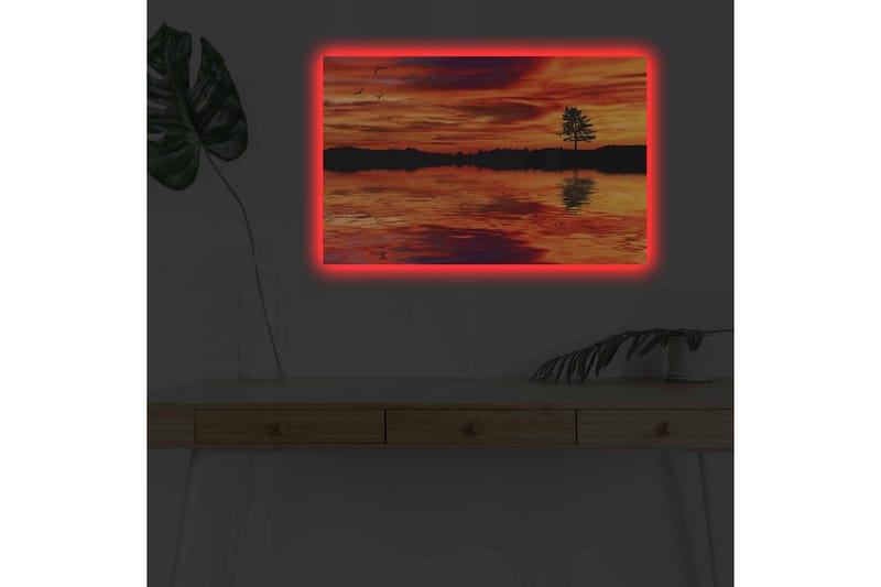 Lærredsbillede med LED-belysning - Solnedgang over roligt vand med silhuet af et ensomt træ - Orange / Rød / Sort - Boligtilbehør - Billeder & kunst - Billeder på lærred