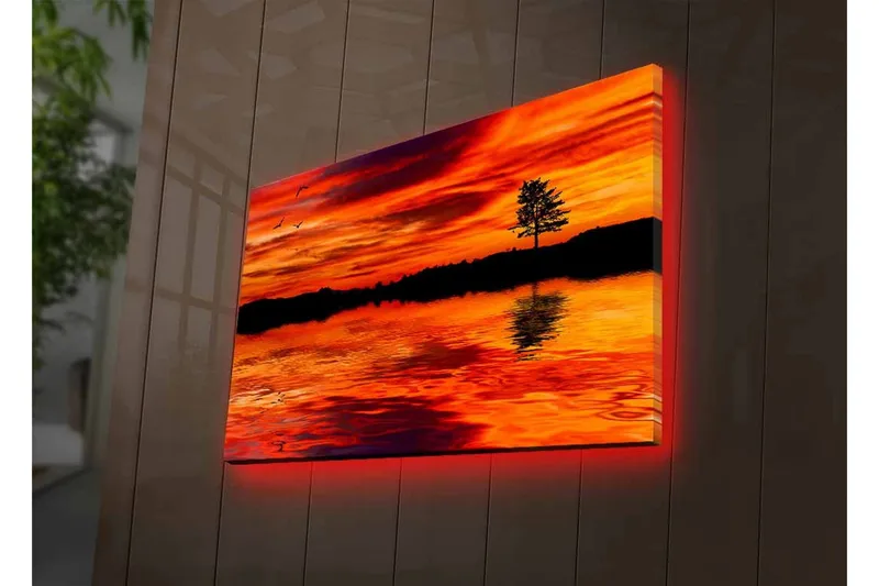 Lærredsbillede med LED-belysning - Solnedgang over roligt vand med silhuet af et ensomt træ - Orange / Rød / Sort - Boligtilbehør - Billeder & kunst - Billeder på lærred