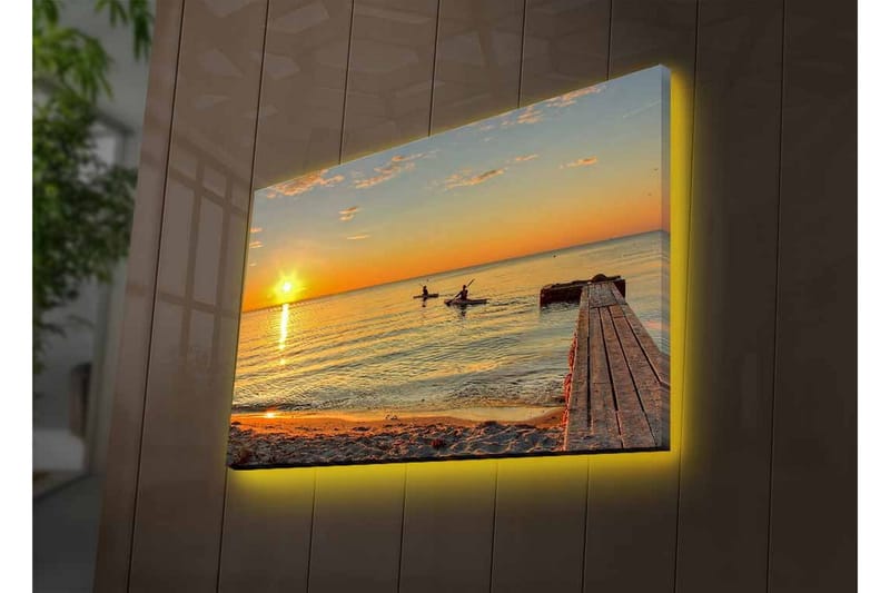 Lærredsbillede med LED-belysning - Solnedgang over roligt vand med padlere i horisonten - Guld / Orange / Blå - Boligtilbehør - Billeder & kunst - Billeder på lærred