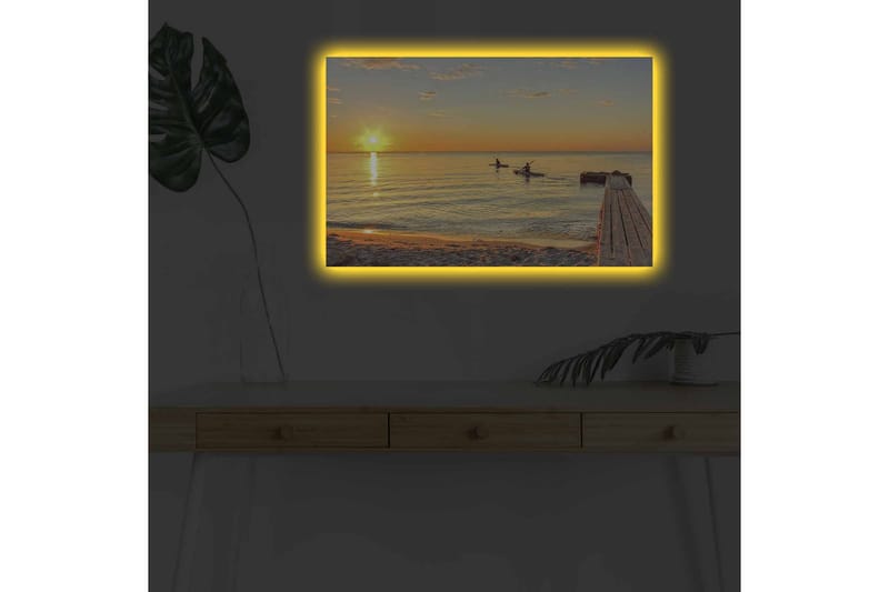 Lærredsbillede med LED-belysning - Solnedgang over roligt vand med padlere i horisonten - Guld / Orange / Blå - Boligtilbehør - Billeder & kunst - Billeder på lærred