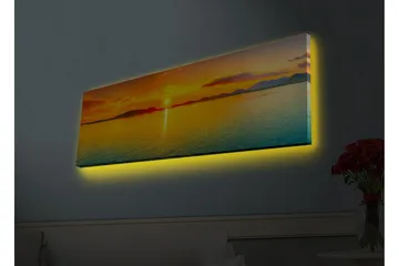 Lærredsbillede med LED-belysning - Solnedgang over roligt vand - Orange / Blå / Guld - Boligtilbehør - Billeder & kunst - Billeder på lærred