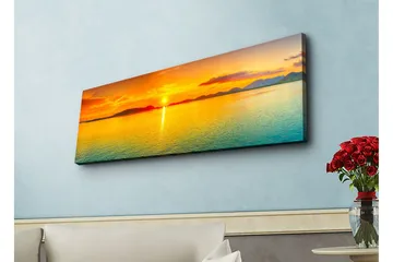 Lærredsbillede med LED-belysning - Solnedgang over roligt vand - Orange / Blå / Guld - Boligtilbehør - Billeder & kunst - Billeder på lærred