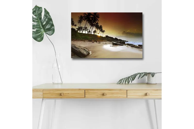 Lærredsbillede med LED-belysning - Solnedgang ved en tropisk strand med palmer og klipper, Mørkebrun / Beige / Grøn