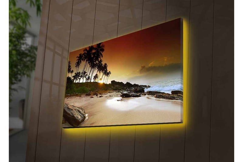 Lærredsbillede med LED-belysning - Solnedgang ved en tropisk strand med palmer og klipper - Mørkebrun / Beige / Grøn - Boligtilbehør - Billeder & kunst - Billeder på lærred