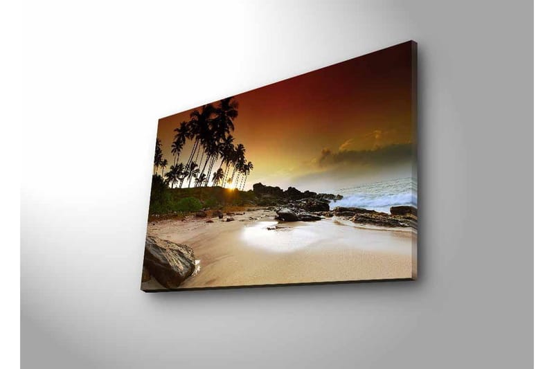 Lærredsbillede med LED-belysning - Solnedgang ved en tropisk strand med palmer og klipper - Mørkebrun / Beige / Grøn - Boligtilbehør - Billeder & kunst - Billeder på lærred