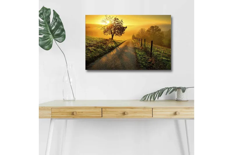 Lærredsbillede med LED-belysning - Solopgang over en snoet vej med træer og et hegn, Guld / Grøn / Brun