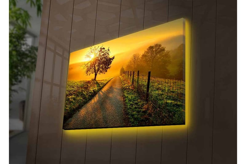 Lærredsbillede med LED-belysning - Solopgang over en snoet vej med træer og et hegn - Guld / Grøn / Brun - Boligtilbehør - Billeder & kunst - Billeder på lærred