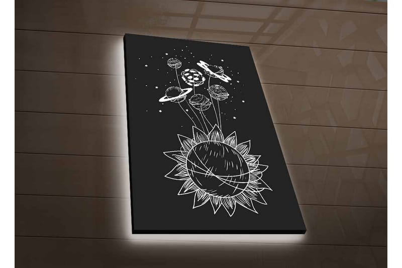 Lærredsbillede med LED-belysning - Solsystem med planeter og stjerner i en grafisk komposition - Sort / Hvid - Boligtilbehør - Billeder & kunst - Billeder på lærred