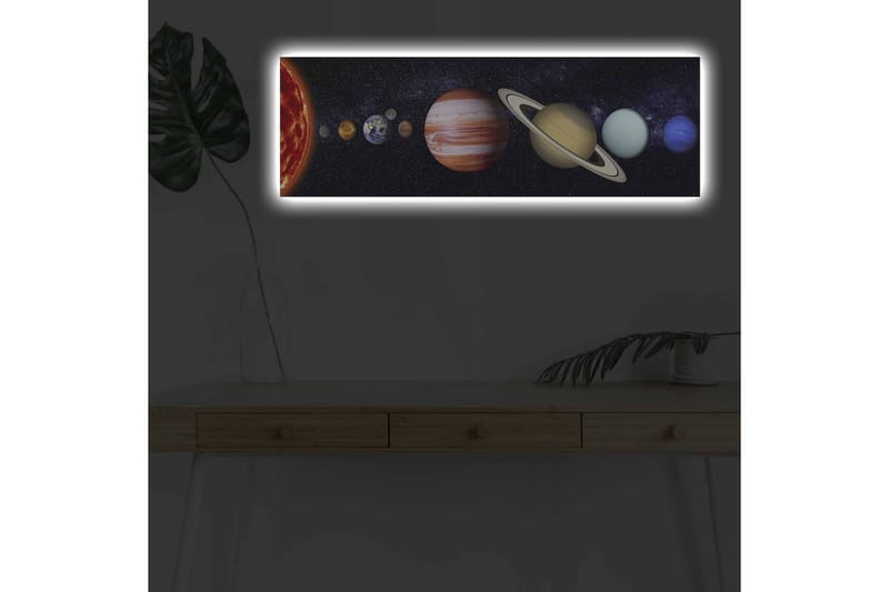 Lærredsbillede med LED-belysning - Solsystemets planeter i en stjerneklar baggrund, Mørkeblå / Orange / Beige