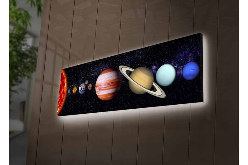Lærredsbillede med LED-belysning - Solsystemets planeter i en stjerneklar baggrund - Mørkeblå / Orange / Beige - Boligtilbehør - Billeder & kunst - Billeder på lærred