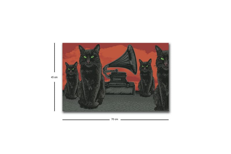 Lærredsbillede med LED-belysning - Sort kat med grønne øjne foran en grammofon på en rød baggrund - Sort / Rød / Grøn - Boligtilbehør - Billeder & kunst - Billeder på lærred