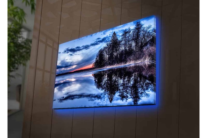 Lærredsbillede med LED-belysning - Spejlblanke sølandskaber med silhuetter af træer i skumringen - Blå / Sort / Grå - Boligtilbehør - Billeder & kunst - Billeder på lærred