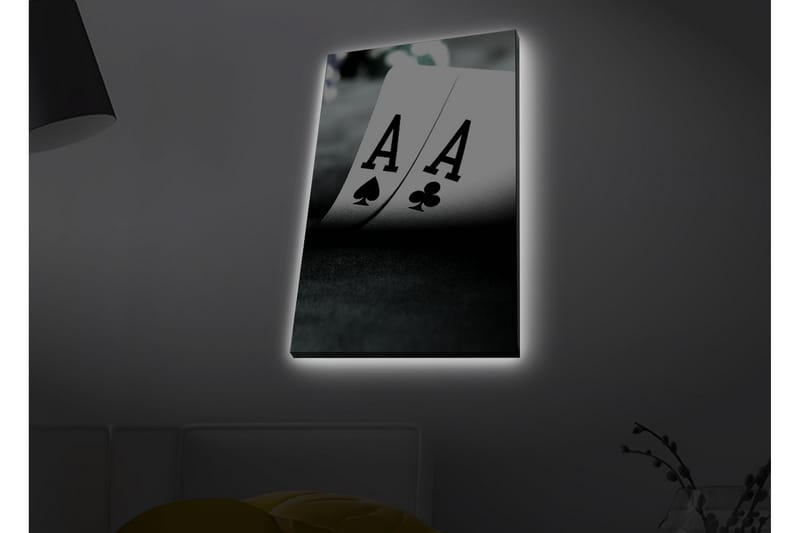 Lærredsbillede med LED-belysning - Spillekort med to esser i fokus - Sort / Hvid / Grøn - Boligtilbehør - Billeder & kunst - Billeder på lærred