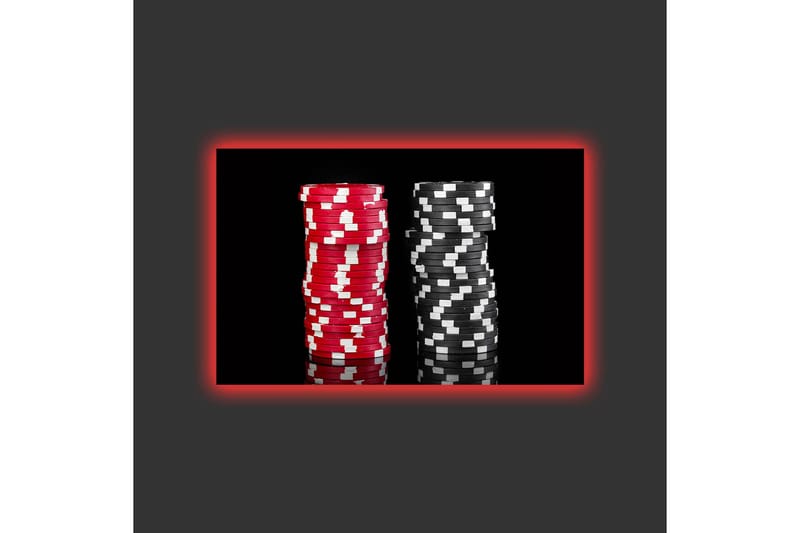 Lærredsbillede med LED-belysning - Stabler af pokerchips i rød og sort farve - Rød / Sort - Boligtilbehør - Billeder & kunst - Billeder på lærred