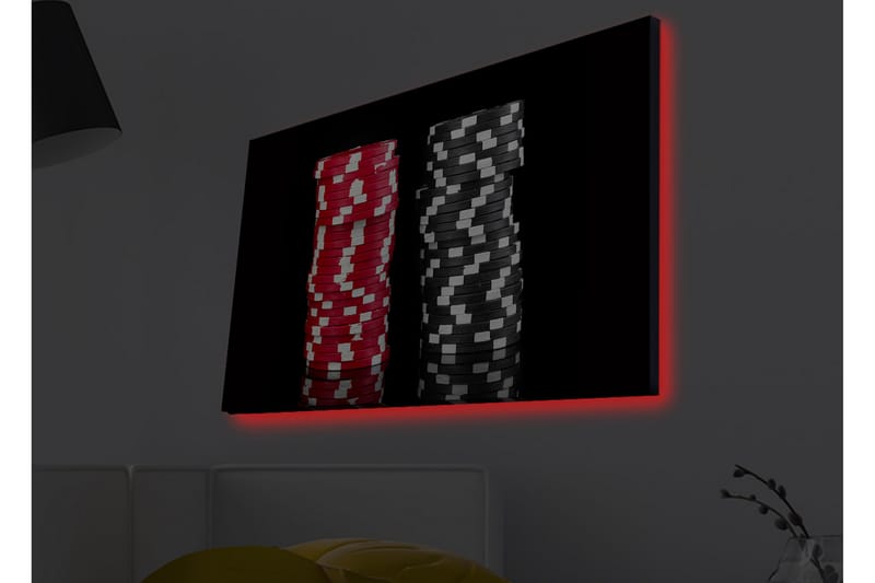 Lærredsbillede med LED-belysning - Stabler af pokerchips i rød og sort farve - Rød / Sort - Boligtilbehør - Billeder & kunst - Billeder på lærred