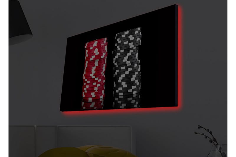 Lærredsbillede med LED-belysning - Stabler af pokerchips i rød og sort farve - Rød / Sort - Boligtilbehør - Billeder & kunst - Billeder på lærred