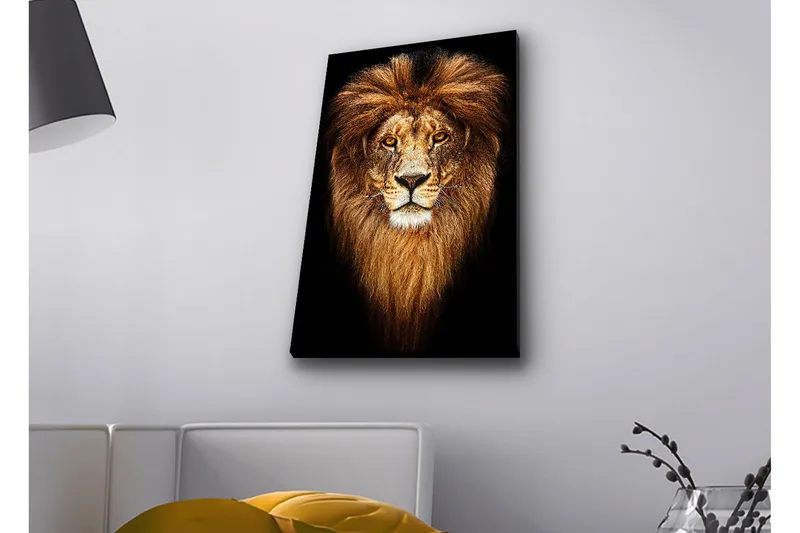 Lærredsbillede med LED-belysning - Statsligt løvehoved med majestætisk manke - Guld / Sort / Brun - Boligtilbehør - Billeder & kunst - Billeder på lærred