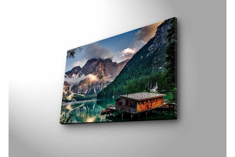 Lærredsbillede med LED-belysning - Stemningsfuld bjergsø med en træhytte ved vandet - Grøn / Blå / Brun - Boligtilbehør - Billeder & kunst - Billeder på lærred